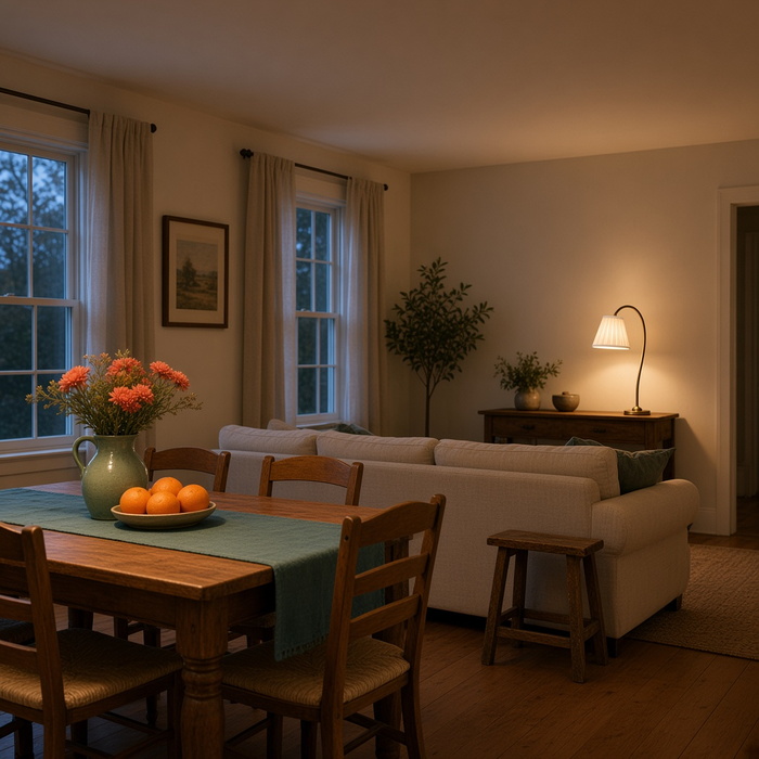 Gelaagd avondlicht in een ingetogen landelijke eetkamer.