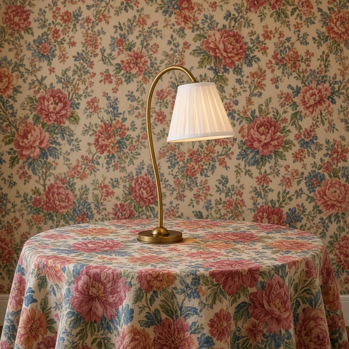 Een visueel drukke kamer met contrasterende plooien en grote patronen.