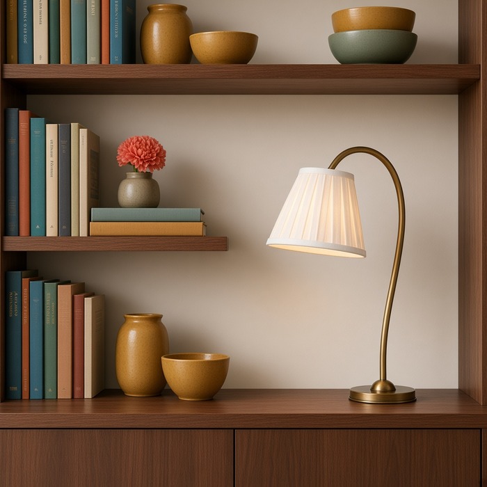 Boekenkast met gegroepeerde boeken, negatieve ruimte en een warme lamp.