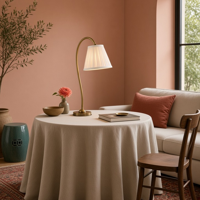 Evenwichtige lamp en tafel met rok, gecombineerd met een subtiel textielcontrast.