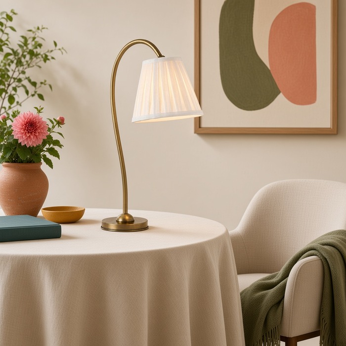 Geplooide lamp in verhouding tot een ronde bijzettafel met rok.