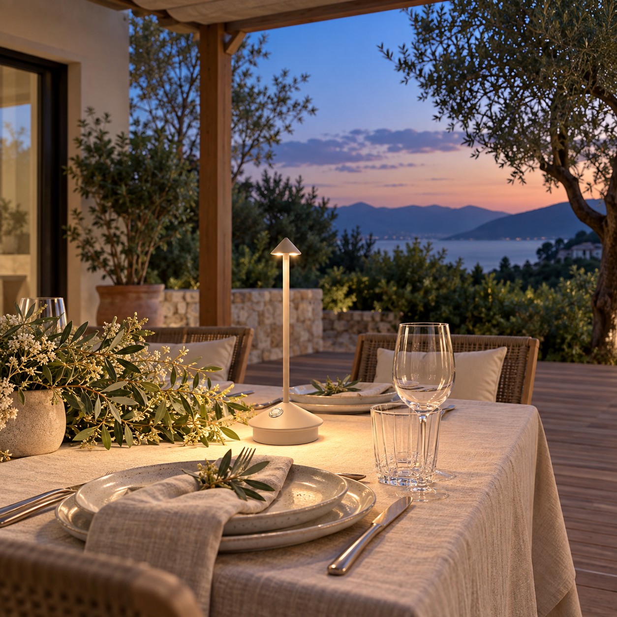 Covered outdoor wedding table with a low-glare wireless LED lamp and clear floor route