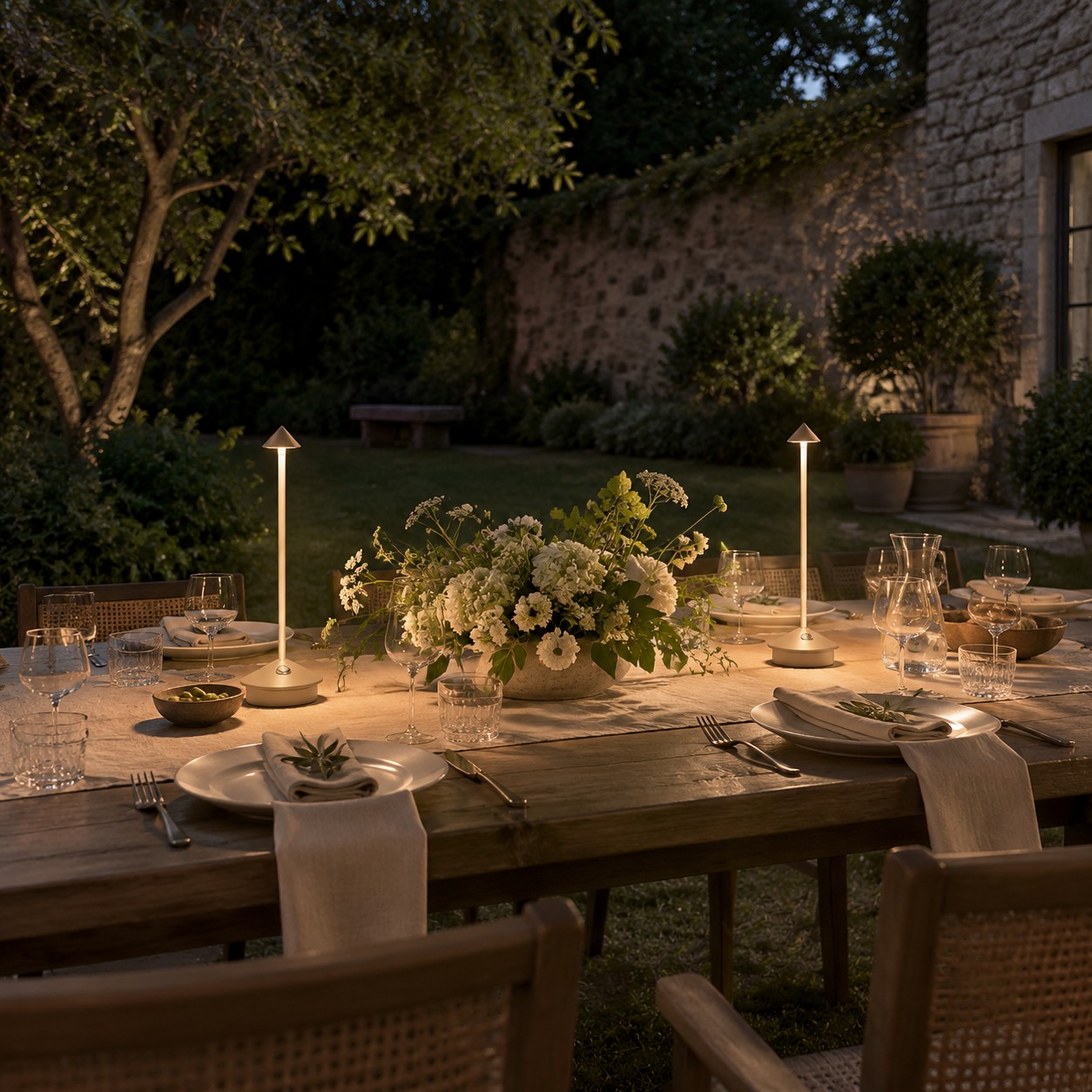 Outdoor wedding table lamp tested for clear sightlines and restrained photographic glow