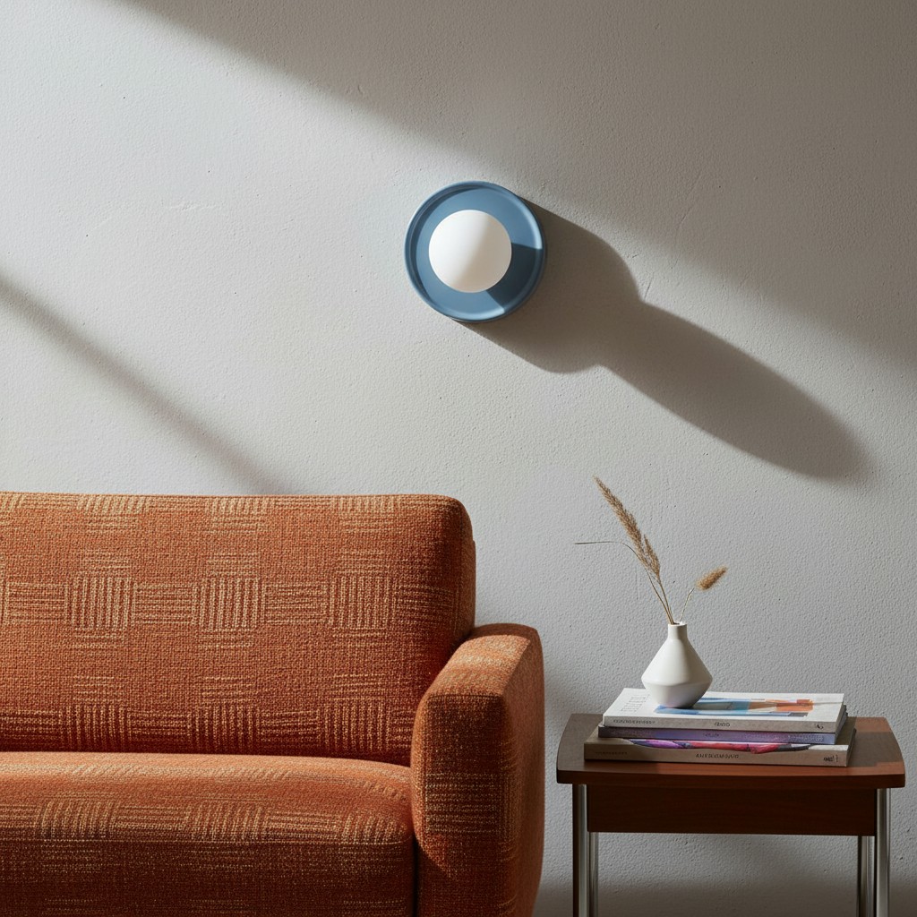 Blue Solna wall sconce casting a soft shadow over a sofa