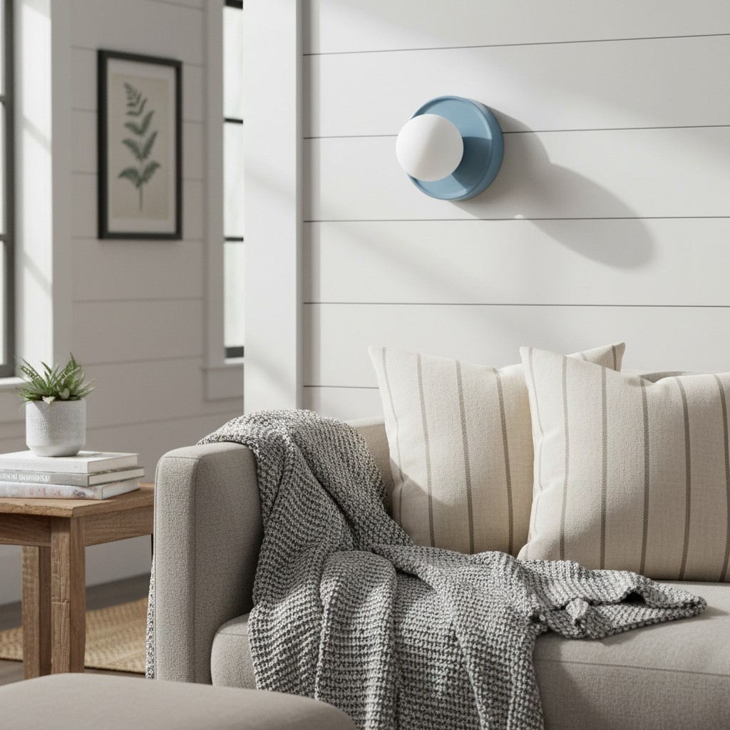 Customer room photo with blue wall sconce over seating