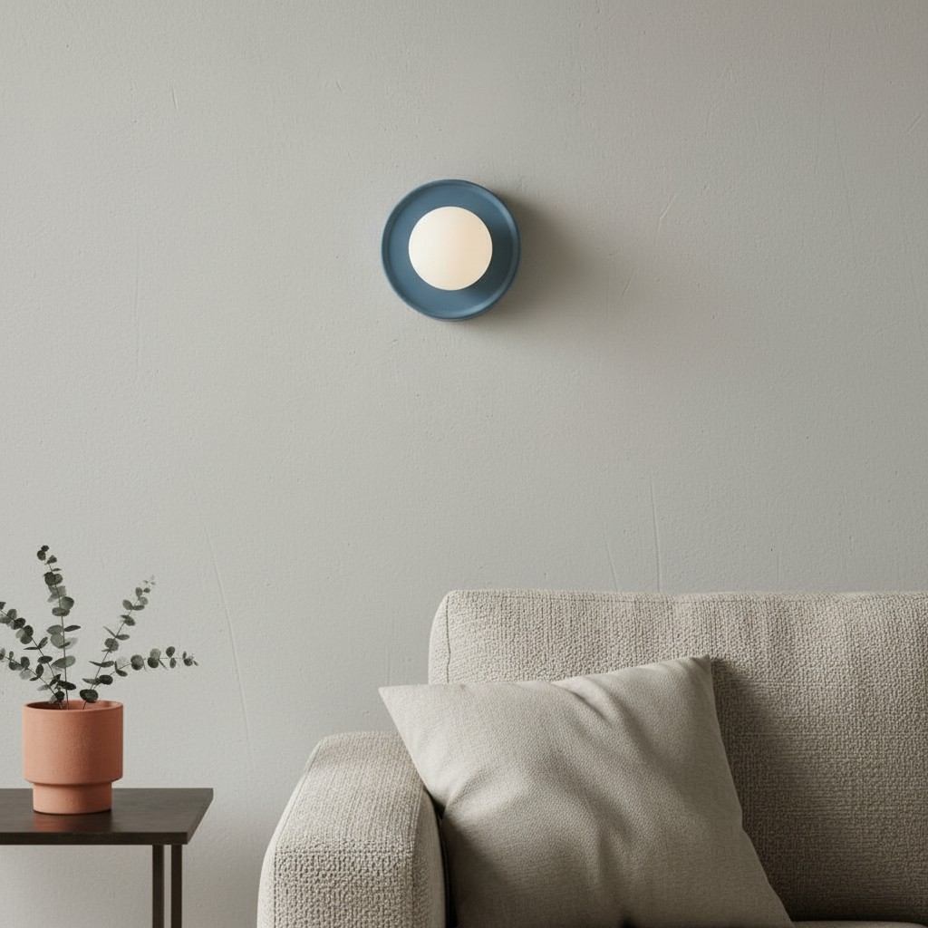 Blue Solna wall sconce above a sofa