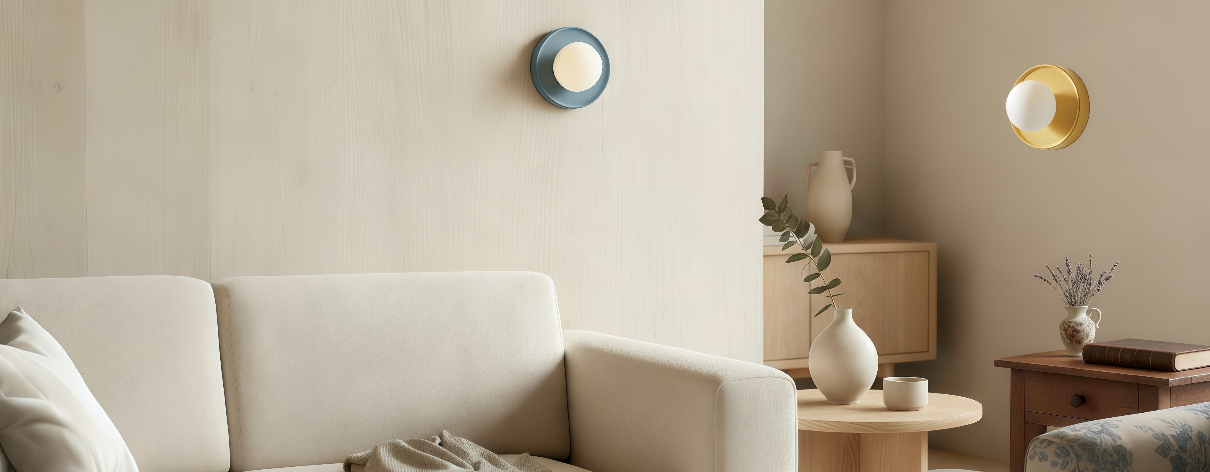 Yellow and blue Solna wall sconces in matching room scenes