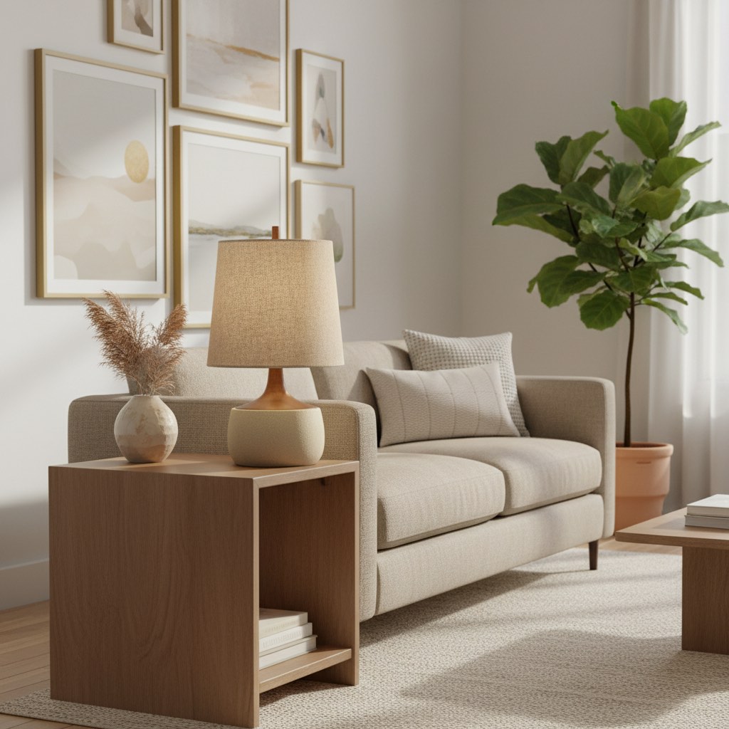 Avero table lamp styled beside a sofa