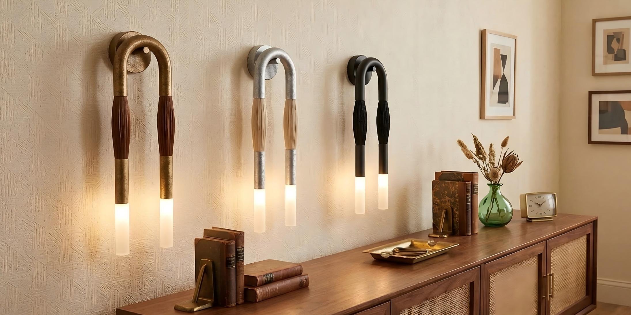 Multiple Strandia wall sconces displayed above a console