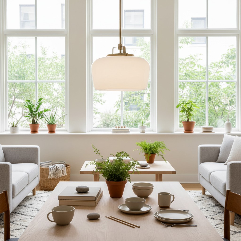 Bright living room with opal glass pendant light
