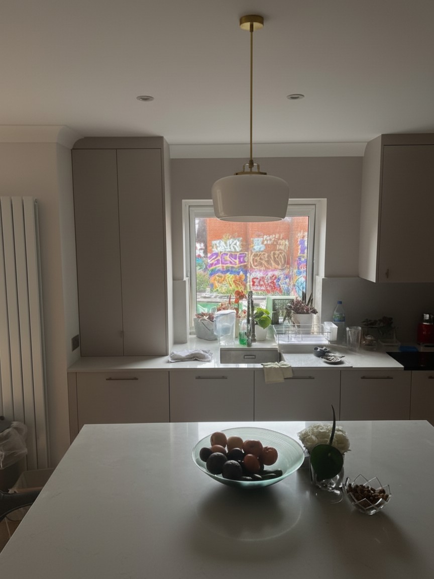 Customer kitchen with opal glass pendant light