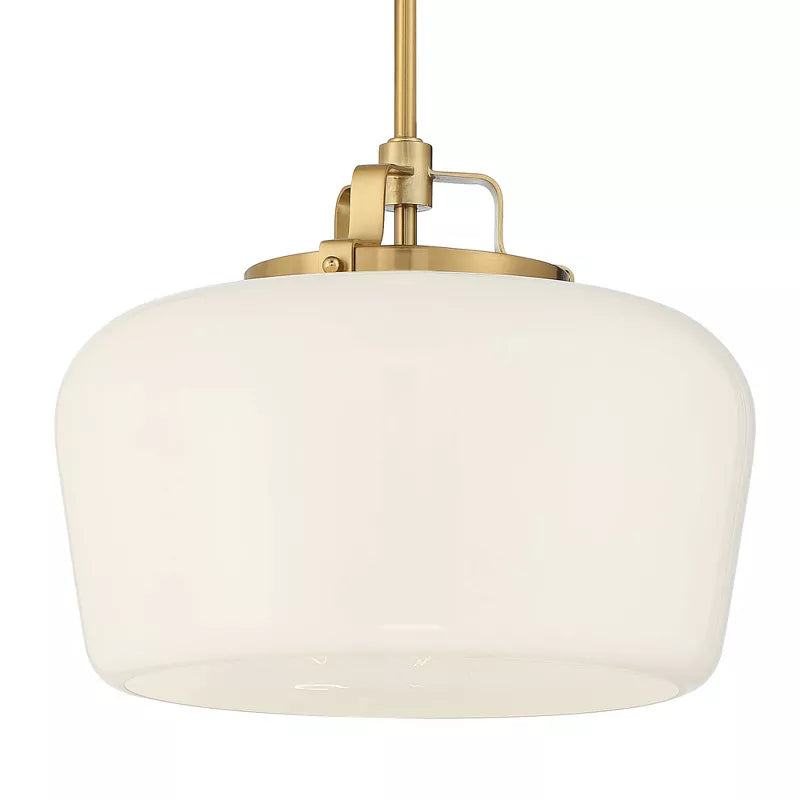 Close view of the opal glass shade and brass hardware