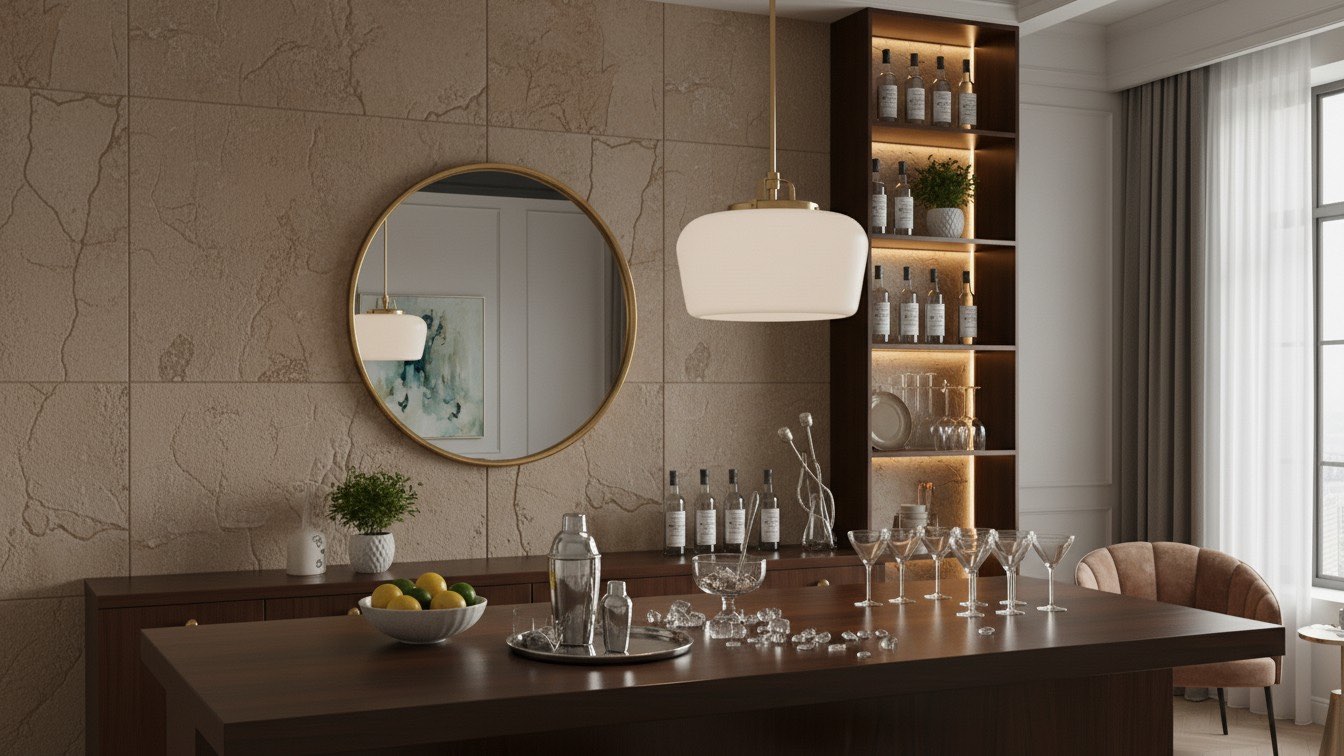 Opal glass pendant light above a bar counter