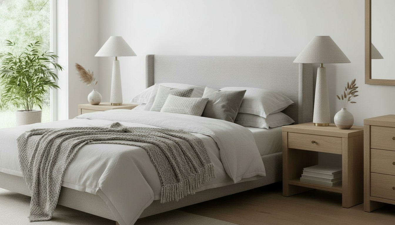 Ceruna cone shaded table lamp in a calm bedroom setting
