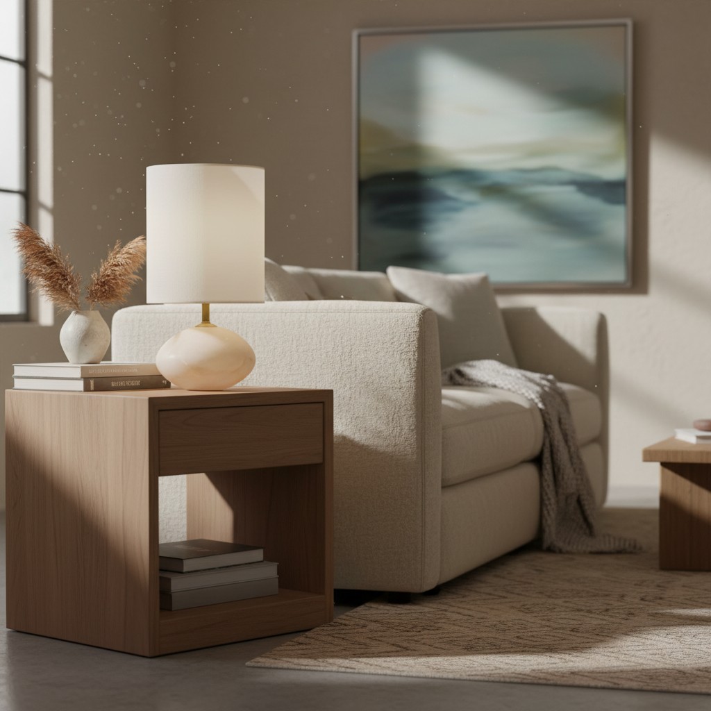 Lámpara de mesa Albi junto a un sillón