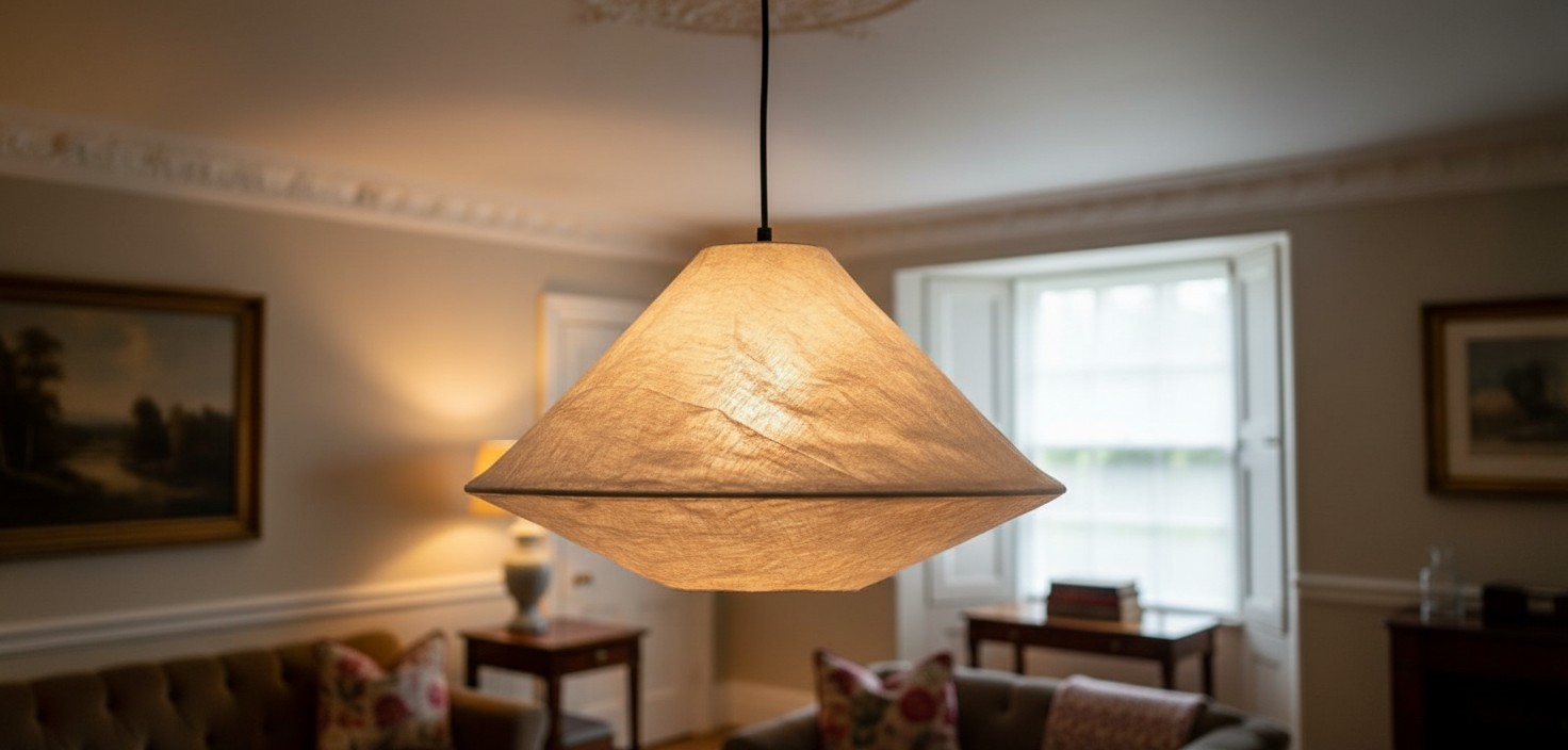 Zalen woven fabric pendant light glowing in a living room