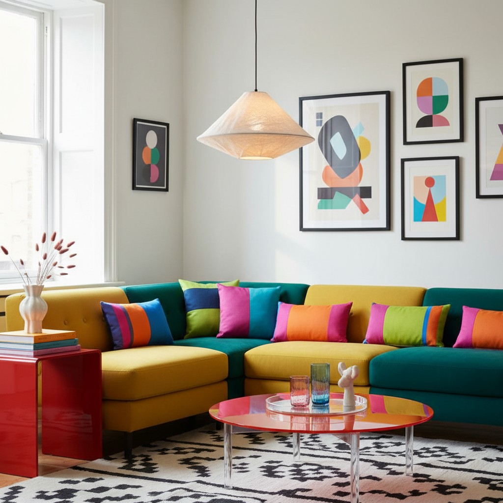 Zalen pendant light above a colorful living room sofa