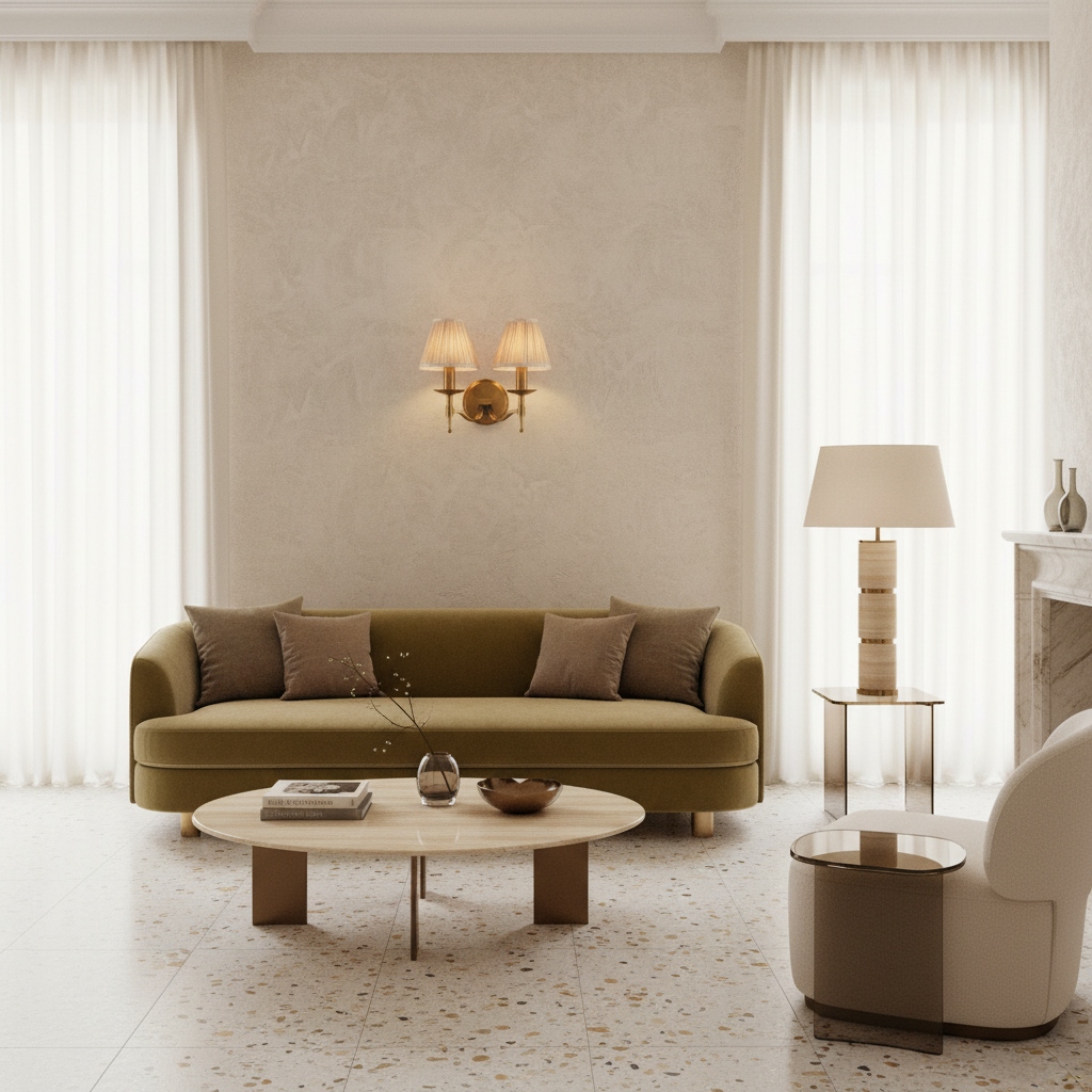 Tela wall light installed above a sofa in a living room