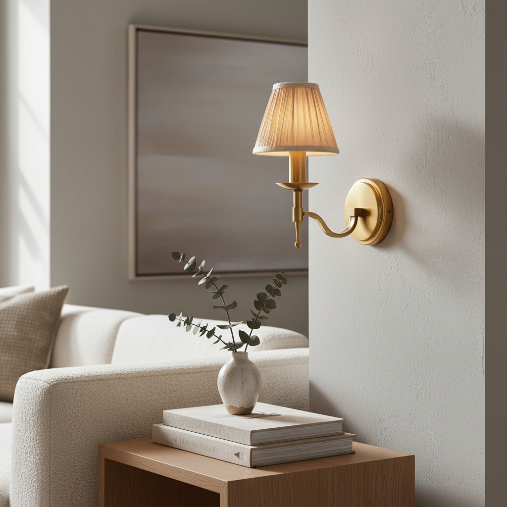 Tela curved arm wall light beside a mirror and seating area