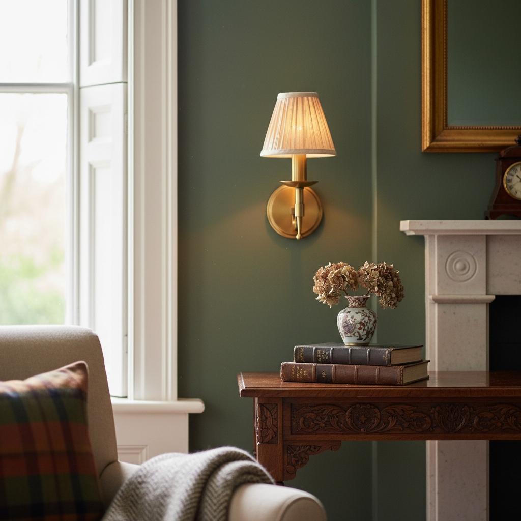 Tela wall light styled beside a fireplace and table