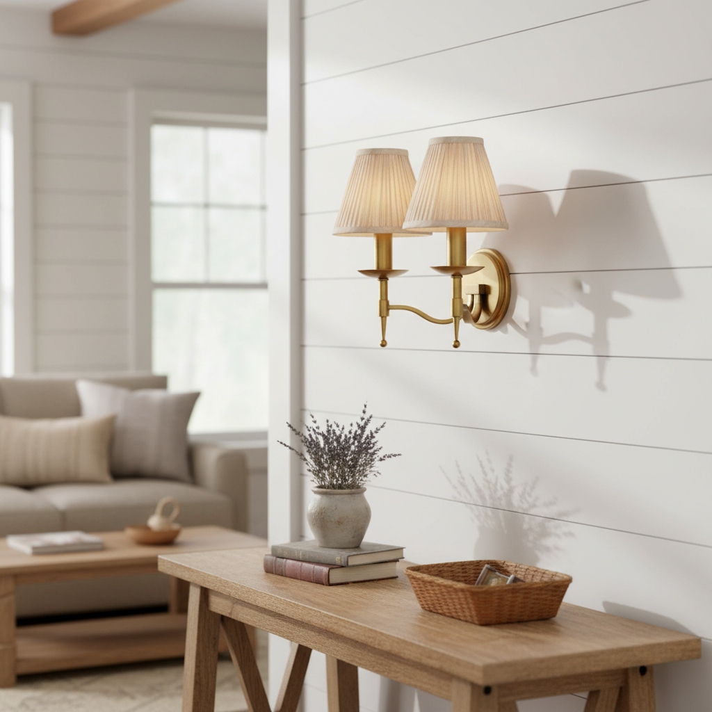 Tela double wall light in a bright living room scene