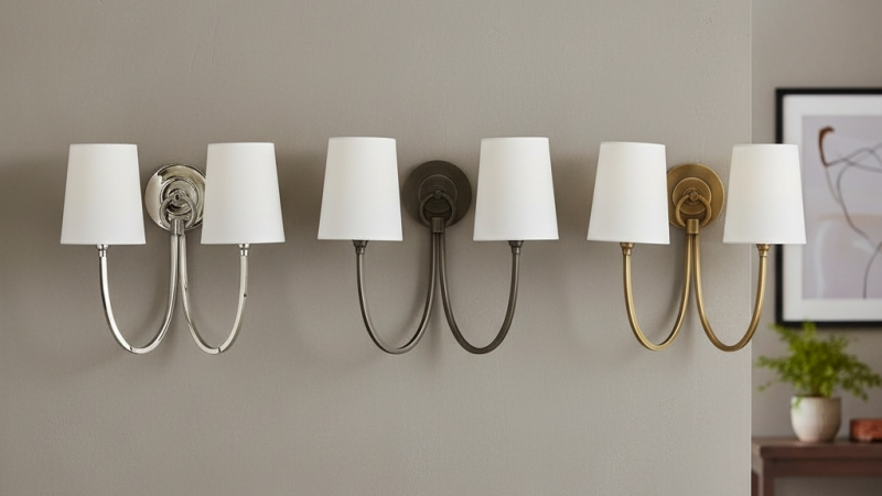 Three Roven wall sconce finishes displayed on wall