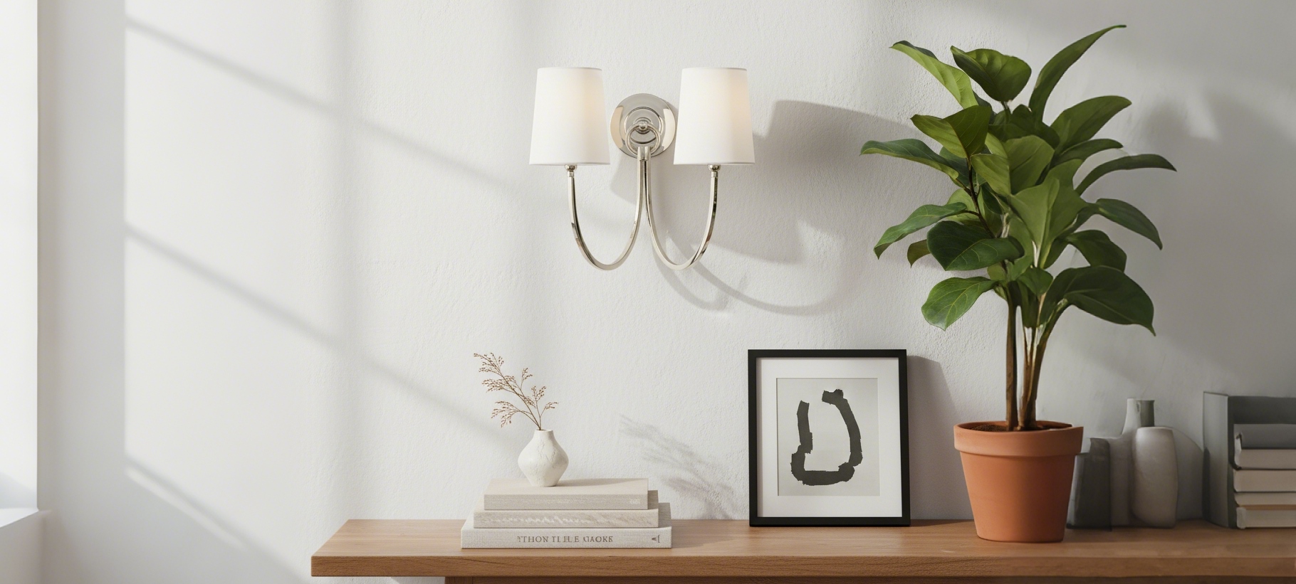 Roven double wall sconce styled above a console table