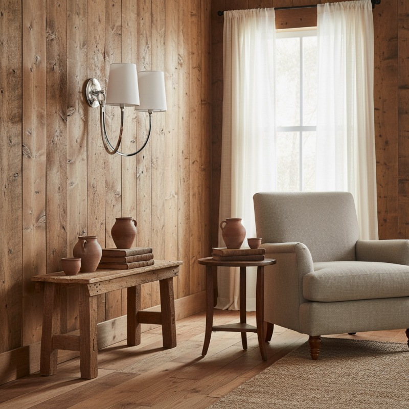 Roven wall sconce in warm wood interior