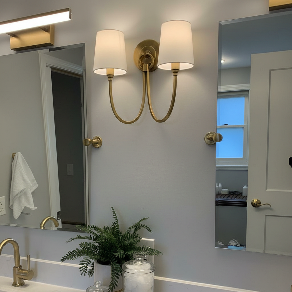 Customer bathroom photo with Roven wall sconce