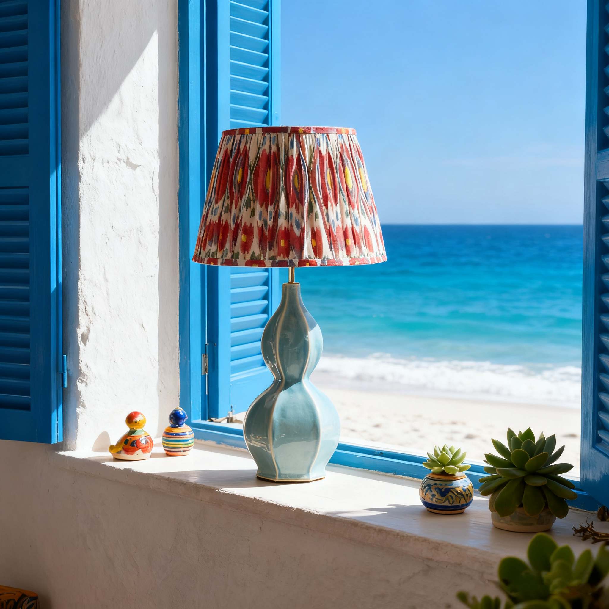 Thalune table lamp by a coastal window