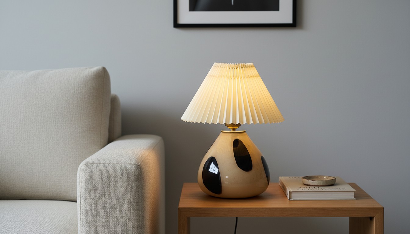 Undara table lamp with pleated shade and glass base in a living room setting