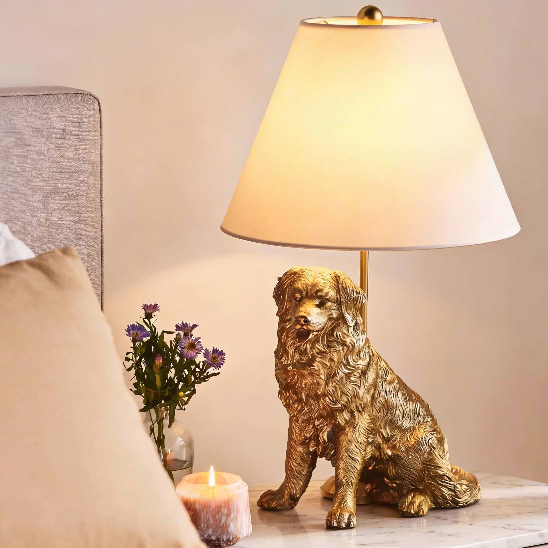 Customer styled Pawdia lamp on a bedside table