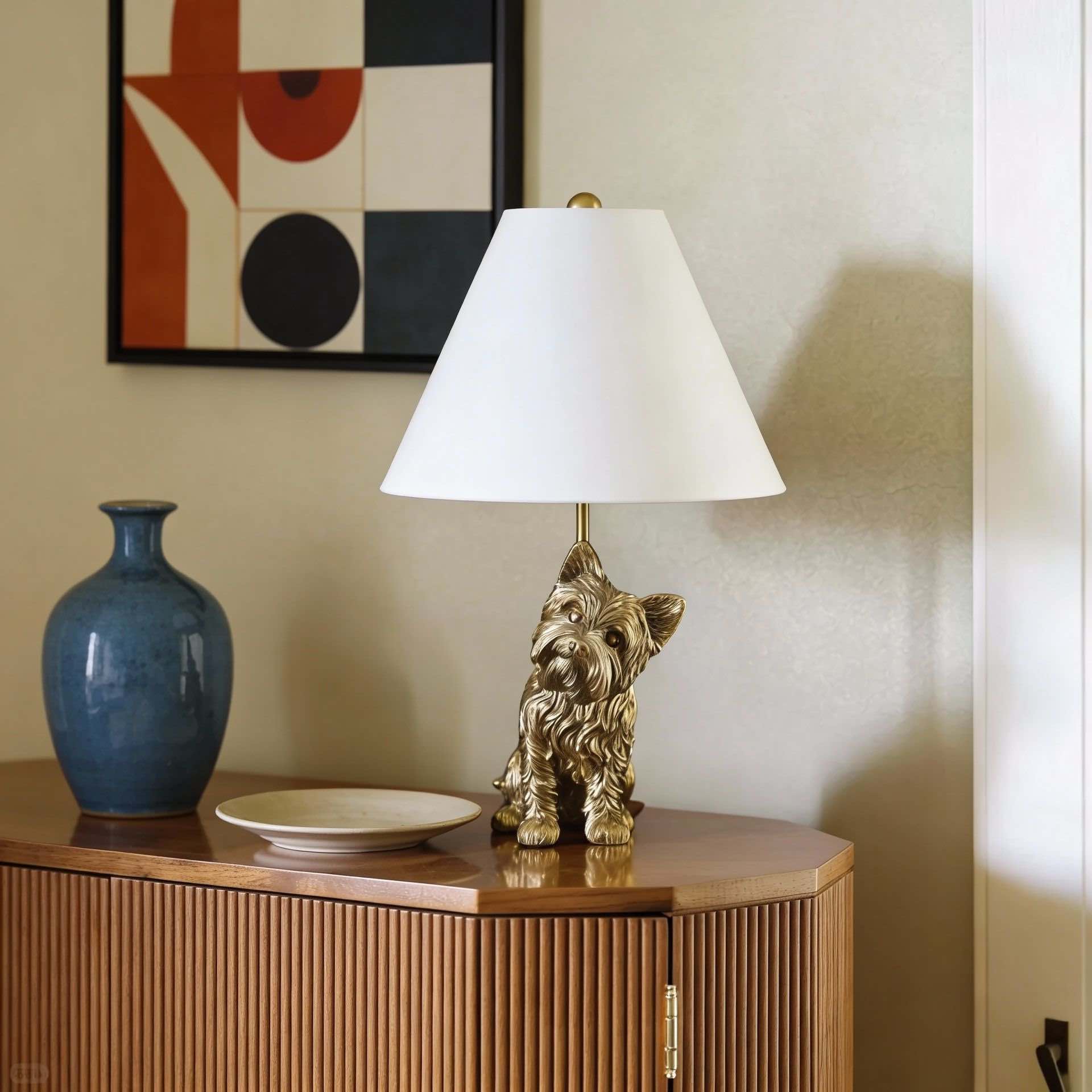 Customer styled Pawdia lamp on a cabinet