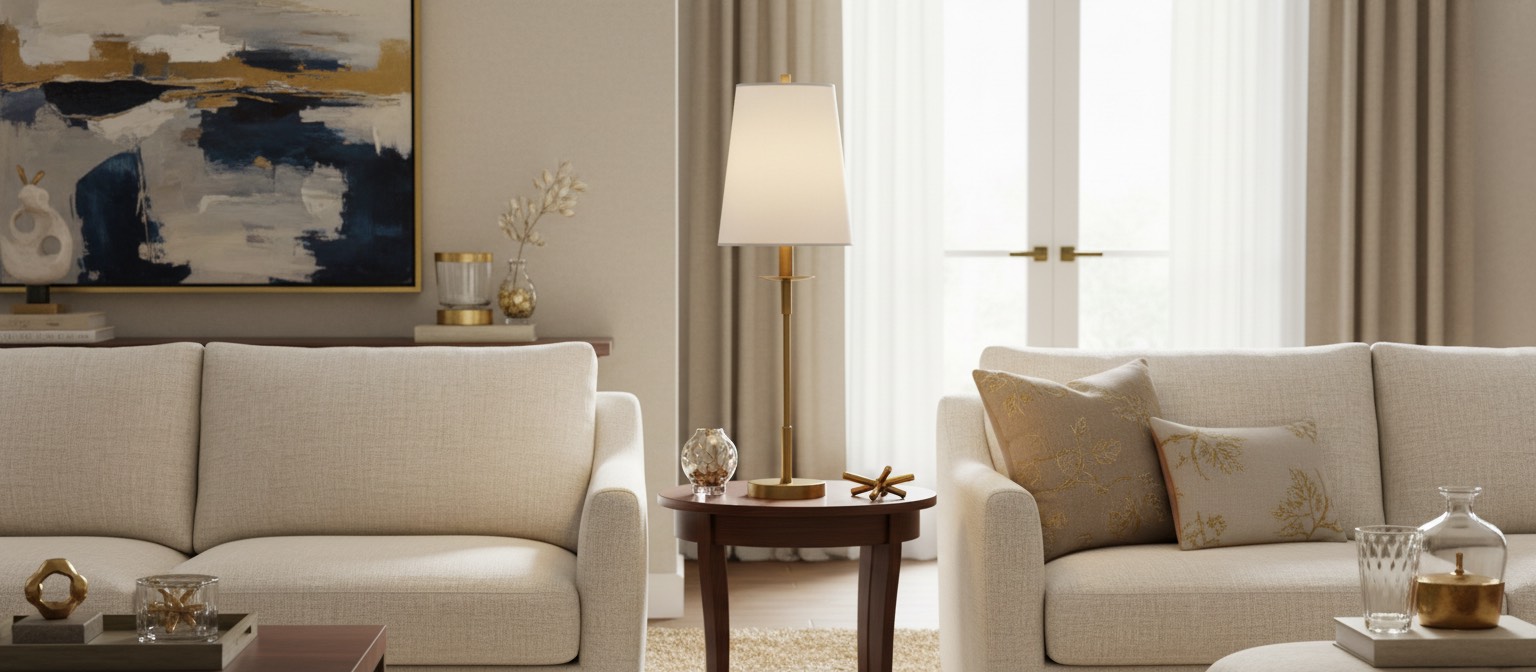 Rowan table lamp styled between living room seating