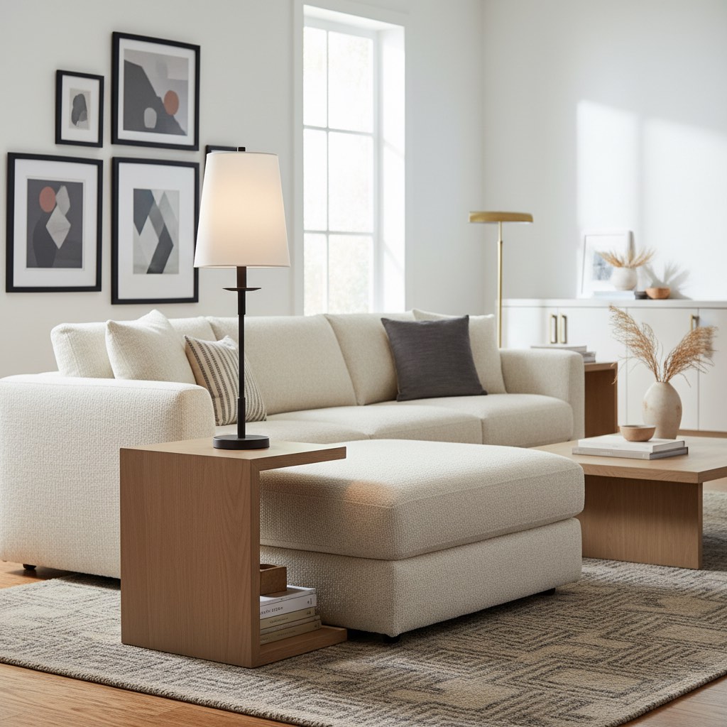 Rowan table lamp beside a living room sofa