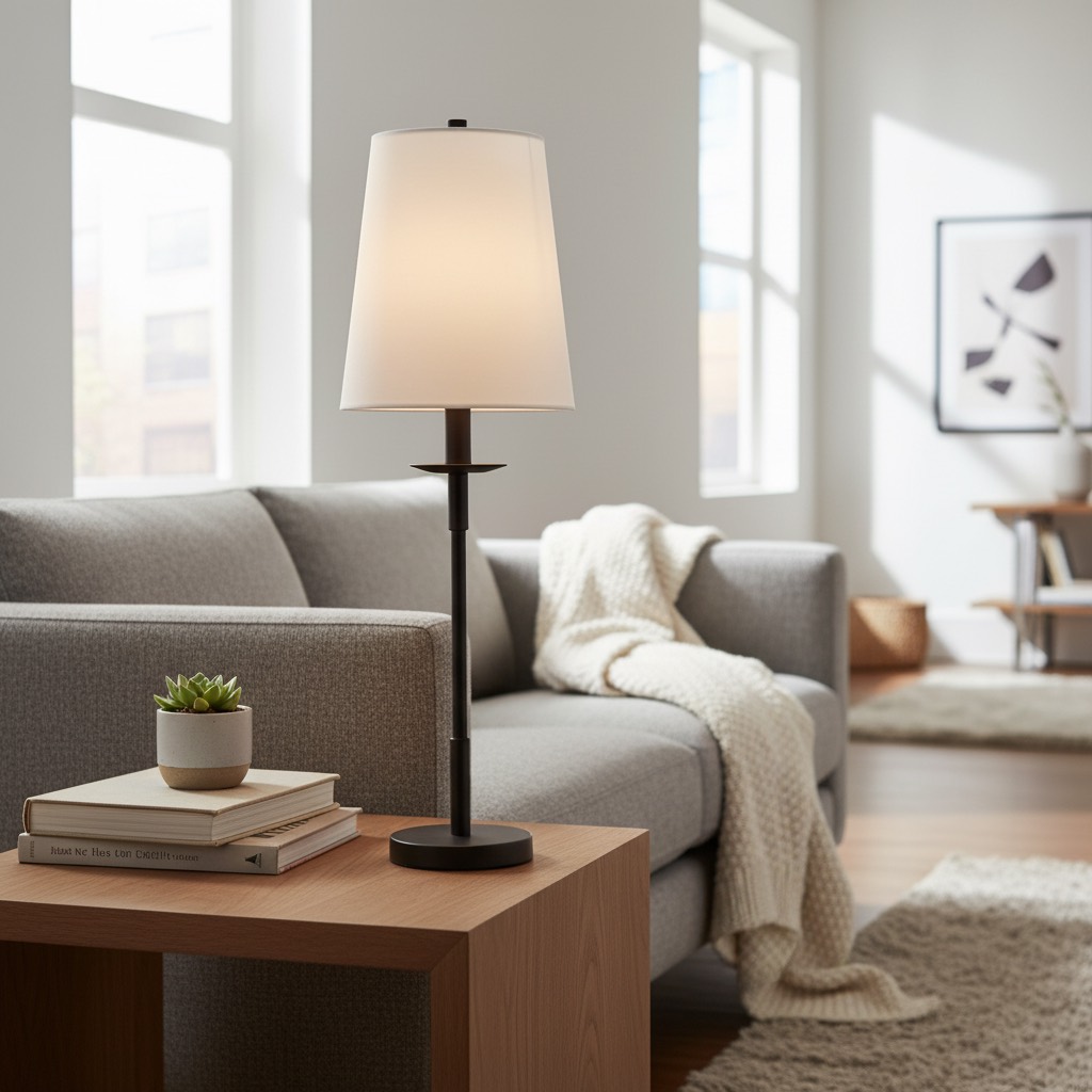 Rowan lamp styled on a side table in a living room