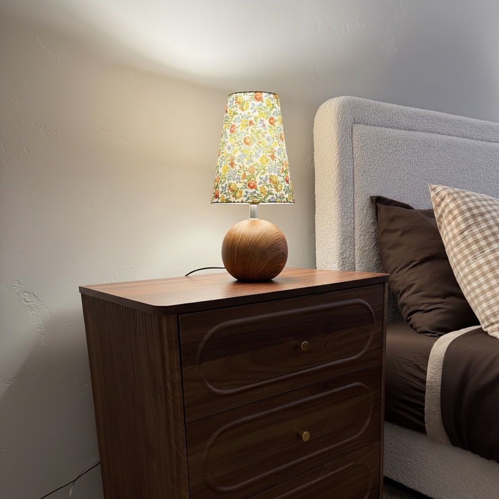Customer styled Florence floral table lamp on a bedside table