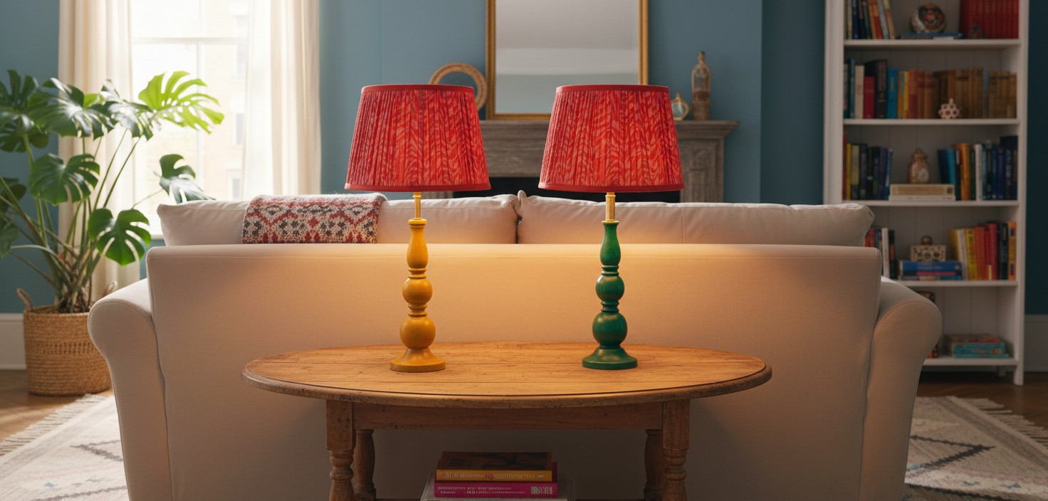 Grainora table lamps with red fabric shades on a living room coffee table