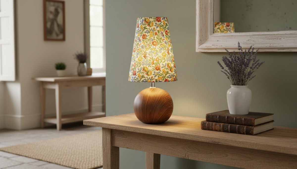 Florence floral table lamp styled on a table with warm ambient light