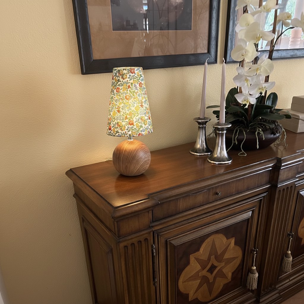Customer styled Florence floral table lamp on a wooden cabinet