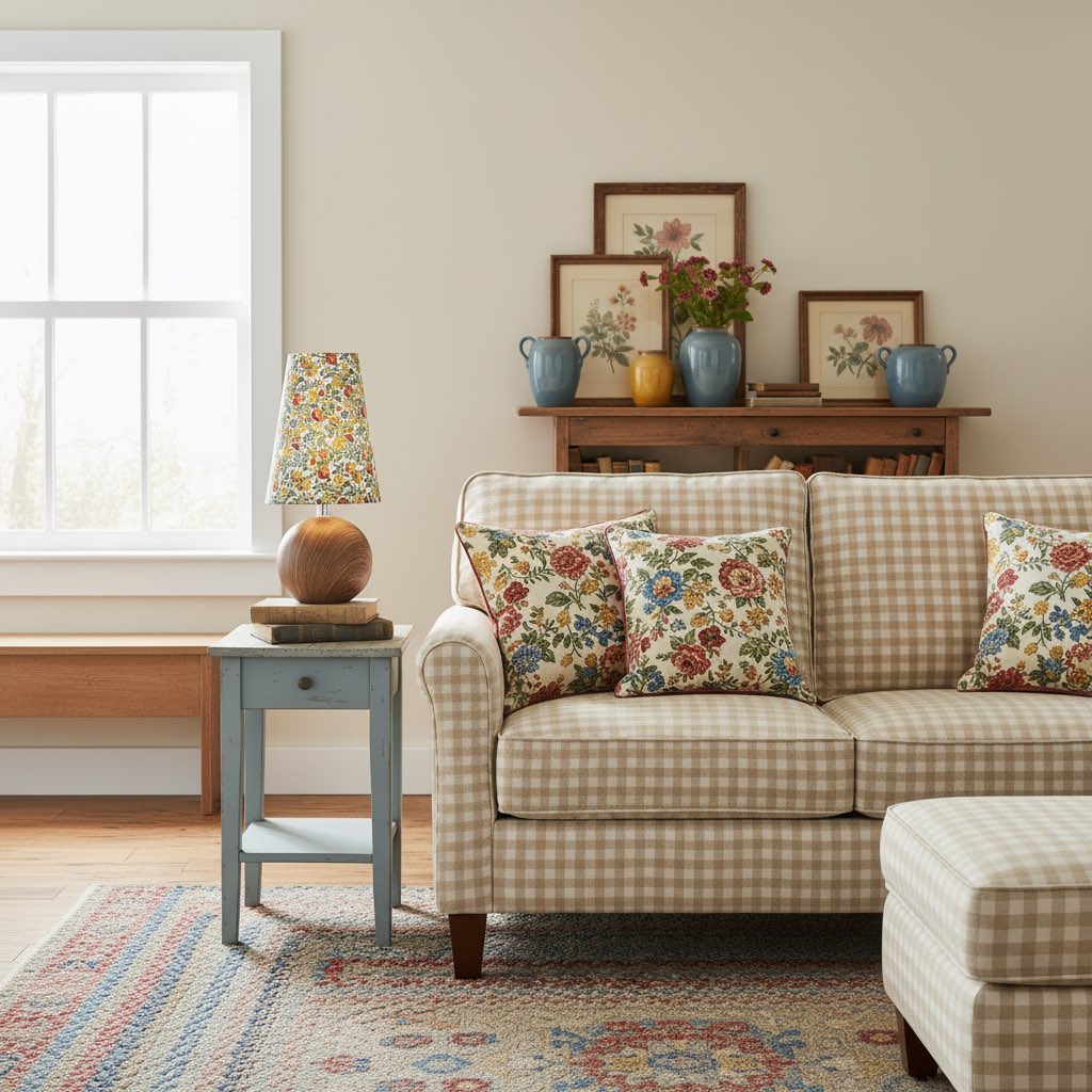 Florence floral table lamp beside a sofa