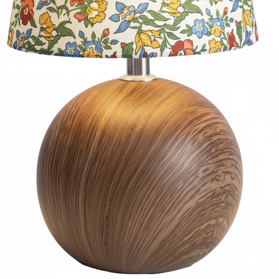 Close view of the walnut color rounded lamp base