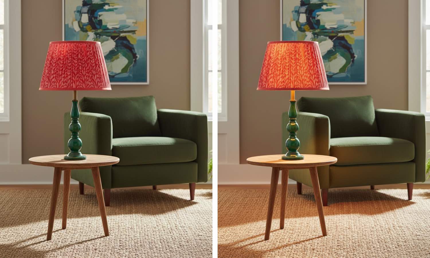 Grainora table lamp switch light comparison showing unlit and lit shade