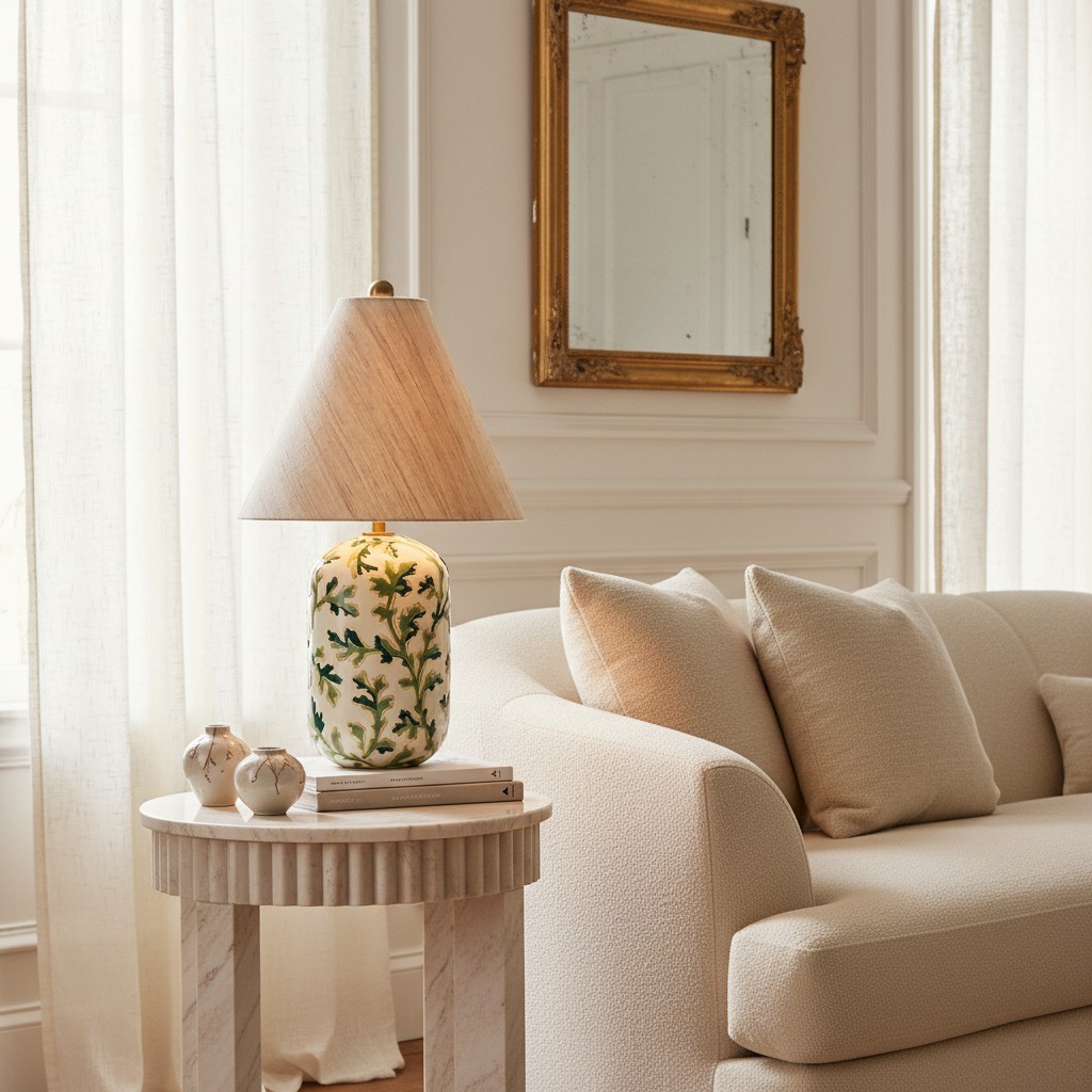 Ceruna lamp on a small table beside a sofa