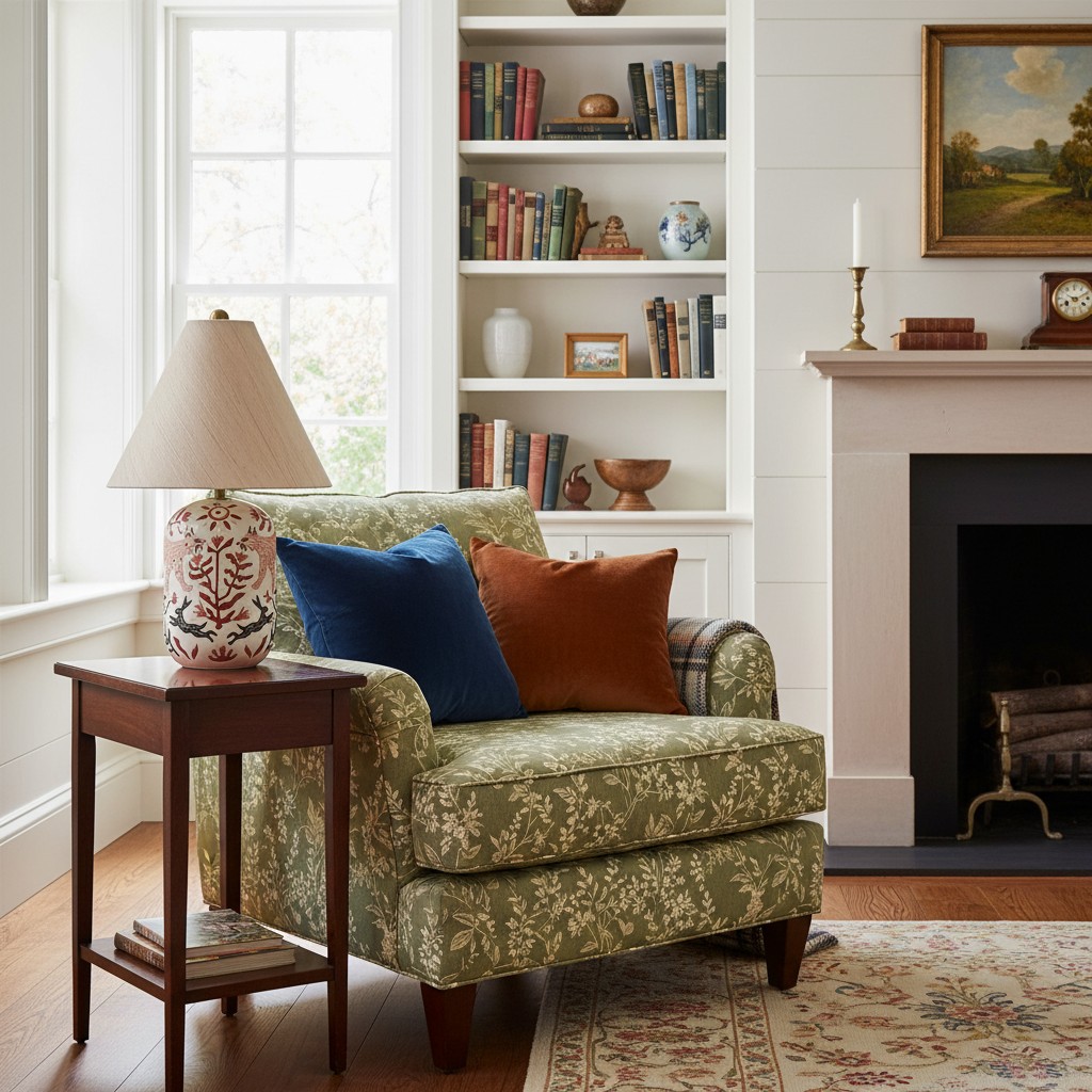 Ceruna lamp on a side table beside a lounge chair