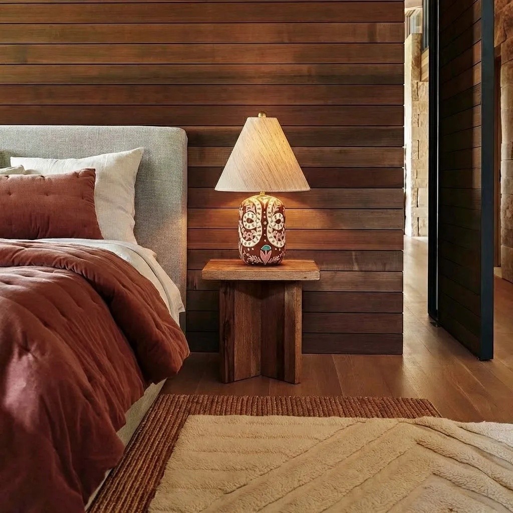 Ceruna table lamp in a warm wood bedroom