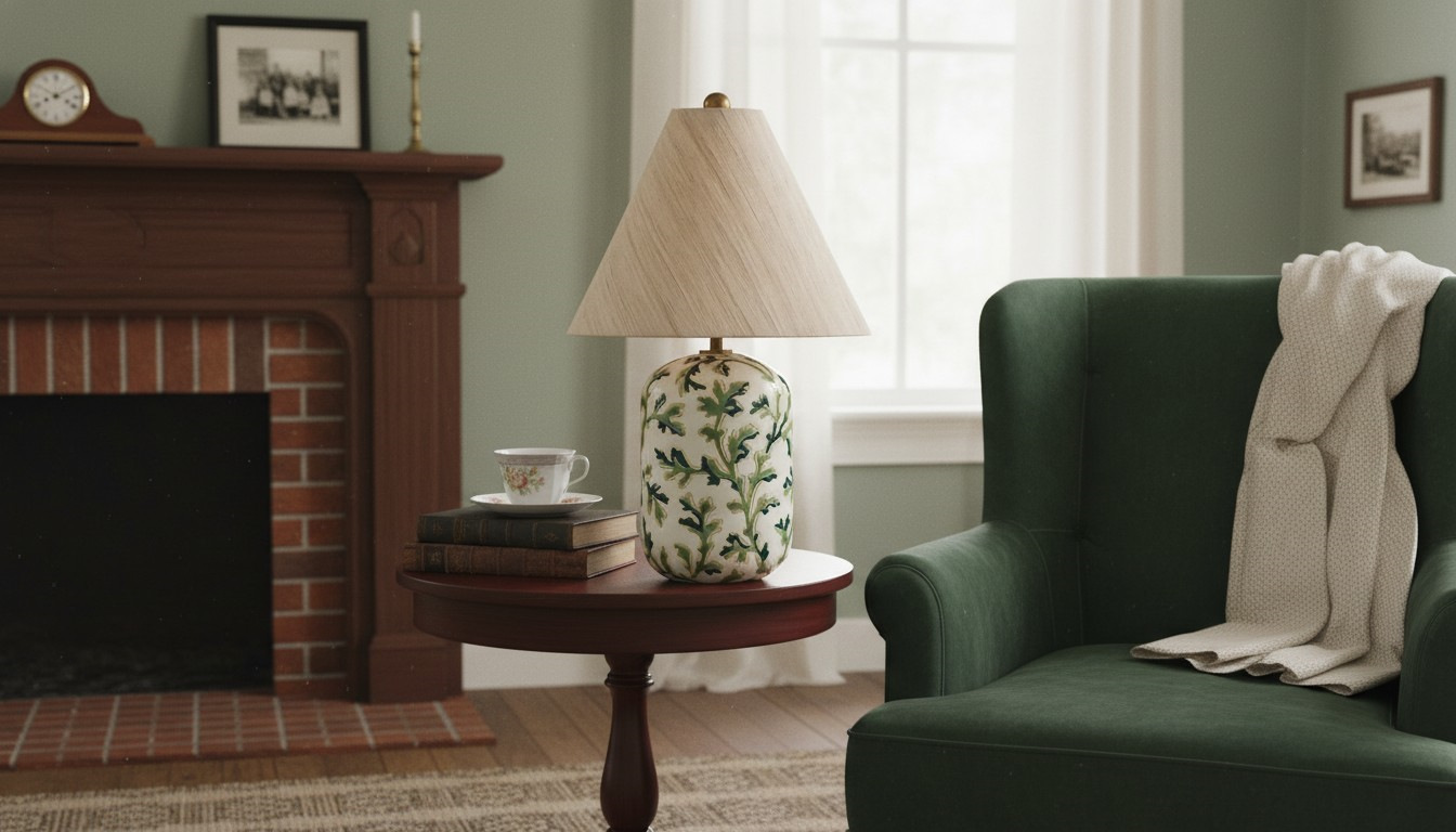 Ceruna ceramic table lamp styled beside a green armchair