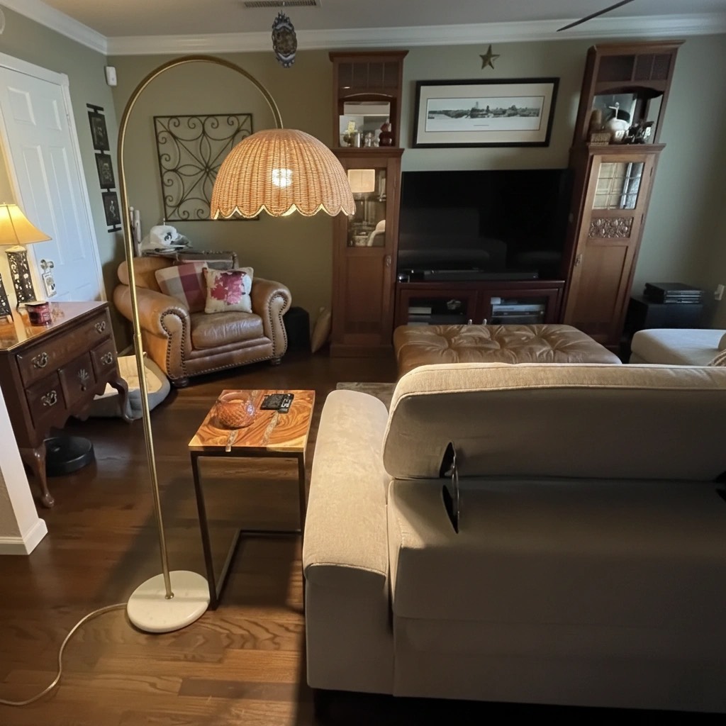 Customer photo of Olvara rattan floor lamp in a living room