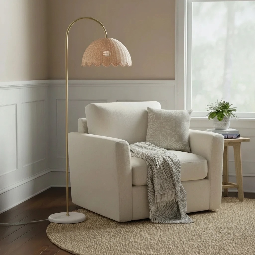 Olvara rattan bubble floor lamp beside a chair