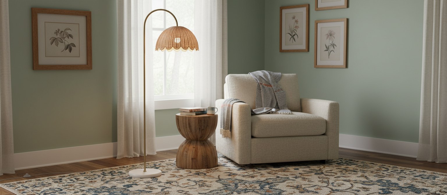 Olvara rattan bubble floor lamp in a cozy room setting